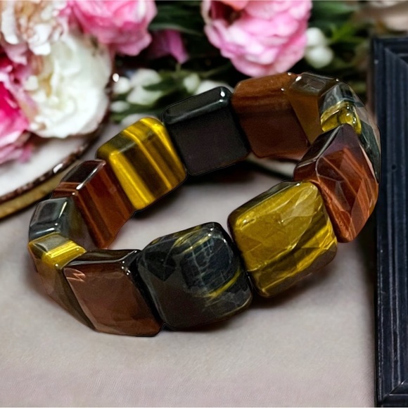 - Kalifano Multi color Heavy Faceted Tiger eye gemstone bangle stretchy br… - Picture 3 of 12
